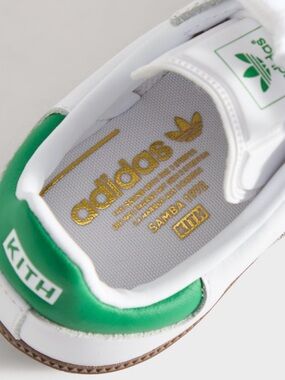 Kith x Adidas Kids Samba Sneakers in White and Green with Gold Branding